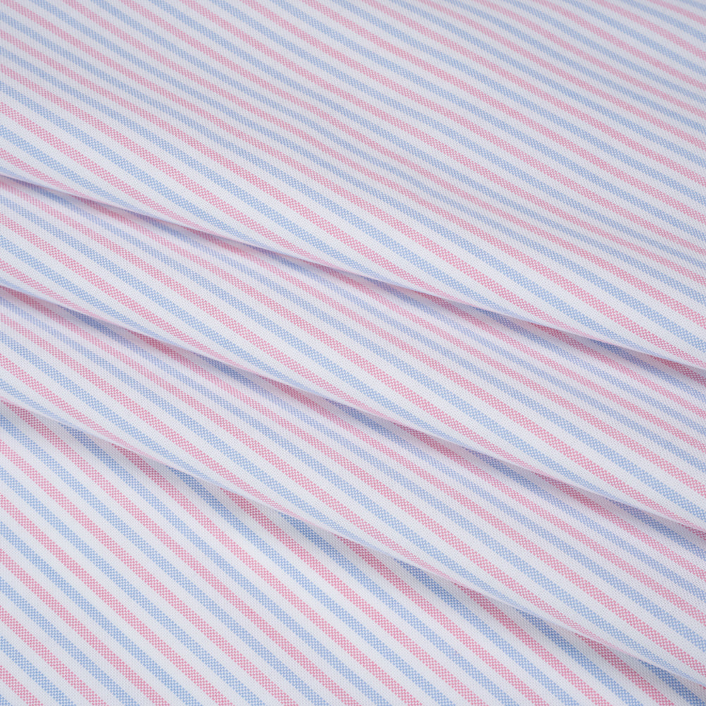 Cotton Oxford Shirting - Pale Blue, Baby Pink and White Candy Stripes - Deadstock - Folded Cotton Oxford Shirting - Pale Blue, Baby Pink and White Candy Stripes - Deadstock - Folded