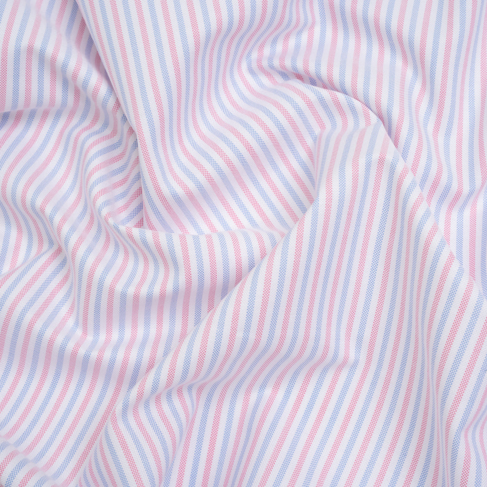 Cotton Oxford Shirting - Pale Blue, Baby Pink and White Candy Stripes - Deadstock Cotton Oxford Shirting - Pale Blue, Baby Pink and White Candy Stripes - Deadstock