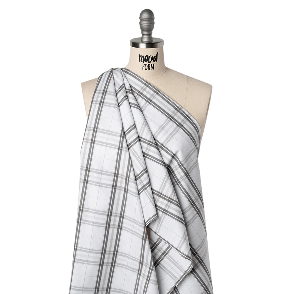 Cotton Oxford Shirting - Greige, Charcoal and White Plaid - Deadstock Drape Cotton Oxford Shirting - Greige, Charcoal and White Plaid - Deadstock Drape