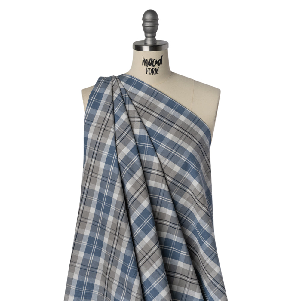 Cotton Oxford Shirting - Country Blue, Steel Gray and Midnight Plaid - Deadstock - Drape Cotton Oxford Shirting - Country Blue, Steel Gray and Midnight Plaid - Deadstock - Drape