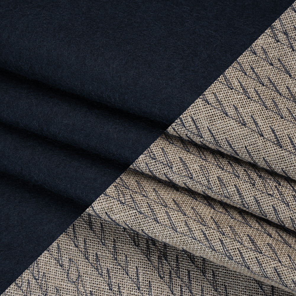 Undercollar Wool Felt with Pad Stitched Canvas Backing Made in Italy - Navy Blue and Oatmeal - Deadstock Undercollar Wool Felt with Pad Stitched Canvas Backing Made in Italy - Navy Blue and Oatmeal - Deadstock