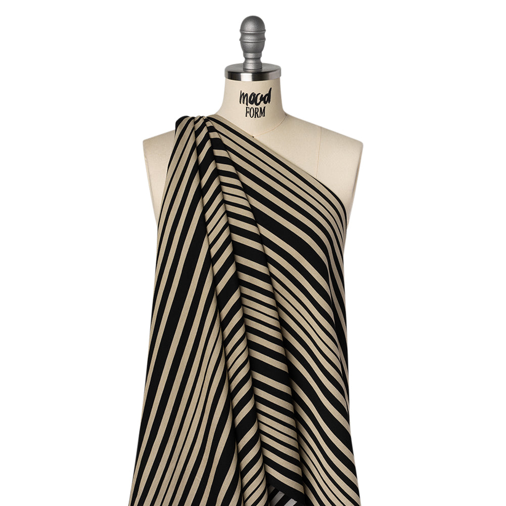 Textured Rayon Twill by Trina Turk - Beige and Black Barcode Stripes - Designer Deadstock Textured Rayon Twill by Trina Turk - Beige and Black Barcode Stripes - Designer Deadstock