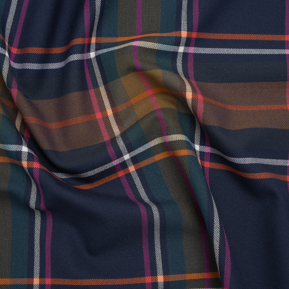 Stretch Polyester and Viscose Twill by Trina Turk - Navy, Olive and Pink Plaid - Designer Deadstock Stretch Polyester and Viscose Twill by Trina Turk - Navy, Olive and Pink Plaid - Designer Deadstock
