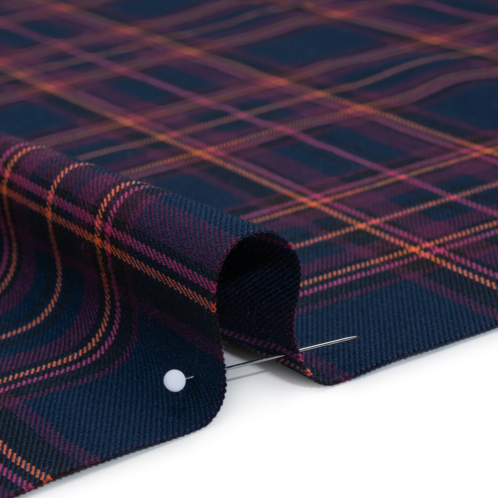 Stretch Polyester and Viscose Twill by Trina Turk - Navy, Pink and Orange Plaid - Designer Deadstock Stretch Polyester and Viscose Twill by Trina Turk - Navy, Pink and Orange Plaid - Designer Deadstock