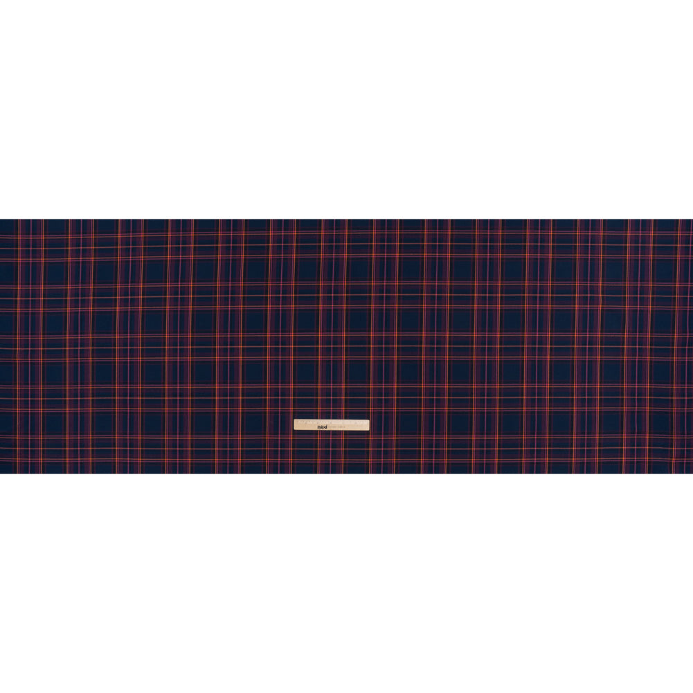 Stretch Polyester and Viscose Twill by Trina Turk - Navy, Pink and Orange Plaid - Designer Deadstock Stretch Polyester and Viscose Twill by Trina Turk - Navy, Pink and Orange Plaid - Designer Deadstock