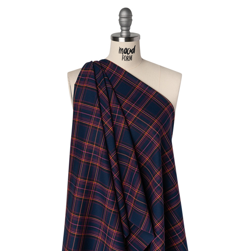 Stretch Polyester and Viscose Twill by Trina Turk - Navy, Pink and Orange Plaid - Designer Deadstock Stretch Polyester and Viscose Twill by Trina Turk - Navy, Pink and Orange Plaid - Designer Deadstock