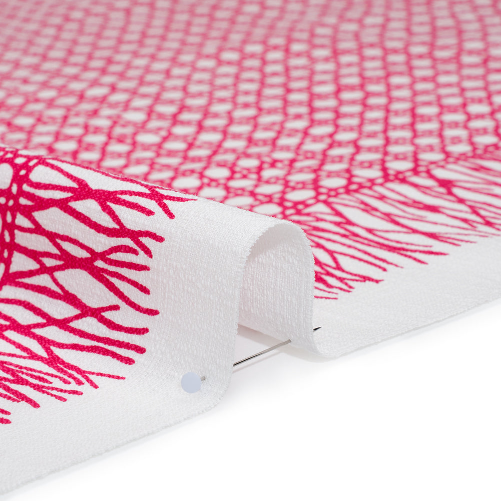 Textured Stretch Cotton Basketweave Panel by Trina Turk - Hot Pink and White Circle Grid and Printed Fringe Border - Designer Deadstock Detail Textured Stretch Cotton Basketweave Panel by Trina Turk - Hot Pink and White Circle Grid and Printed Fringe Border - Designer Deadstock Detail