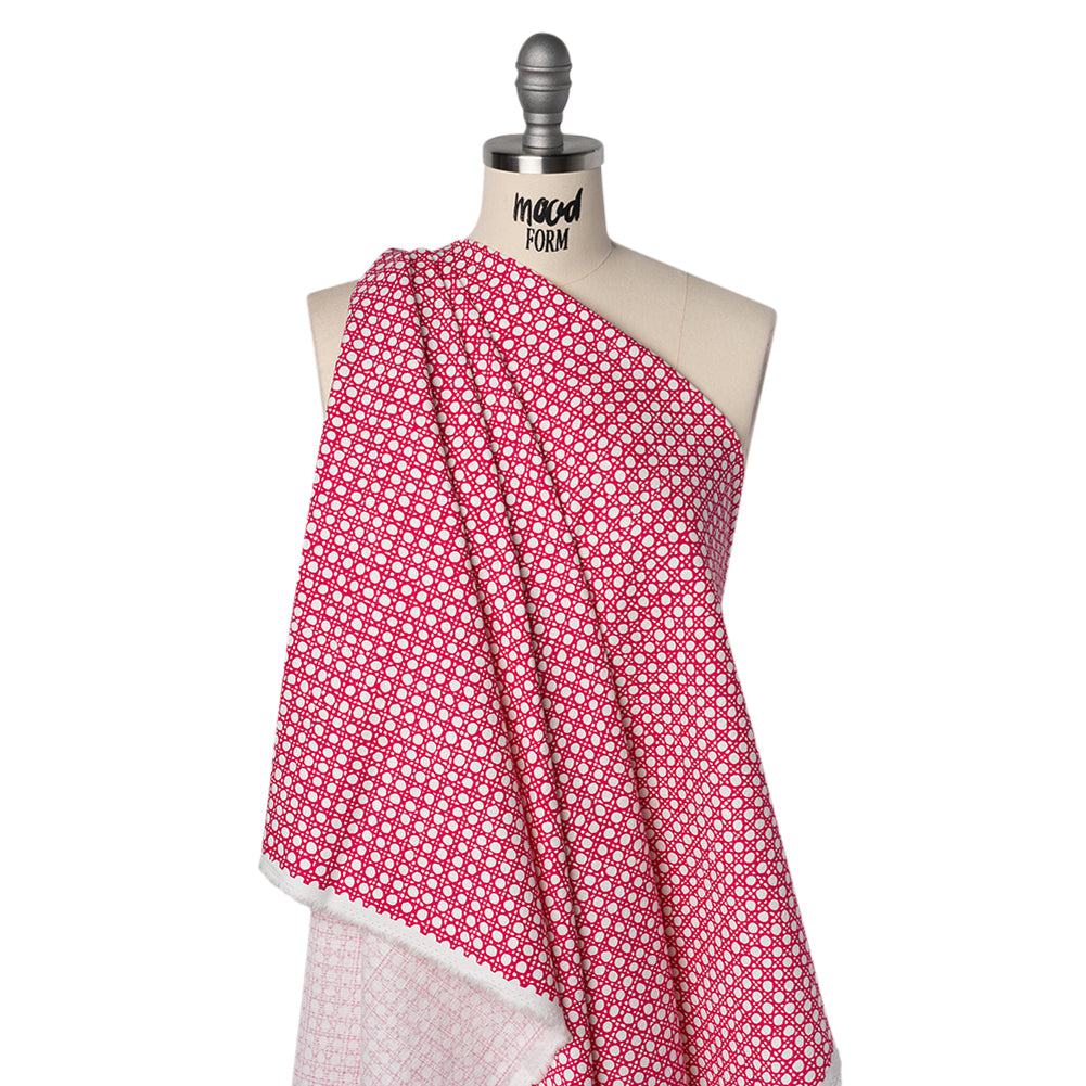 Textured Stretch Cotton Basketweave Panel by Trina Turk - Hot Pink and White Circle Grid and Printed Fringe Border - Designer Deadstock Drape Textured Stretch Cotton Basketweave Panel by Trina Turk - Hot Pink and White Circle Grid and Printed Fringe Border - Designer Deadstock Drape