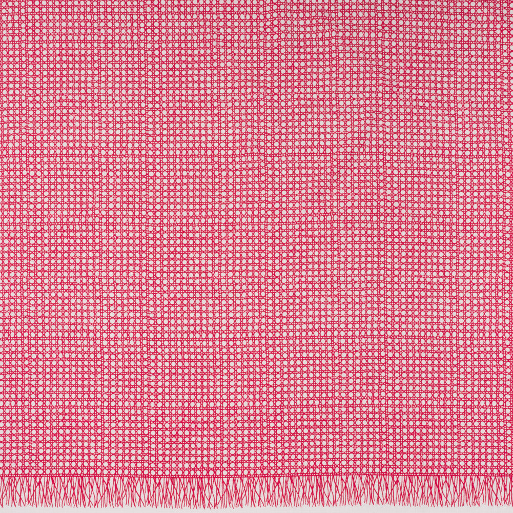 Textured Stretch Cotton Basketweave Panel by Trina Turk - Hot Pink and White Circle Grid and Printed Fringe Border - Designer Deadstock Textured Stretch Cotton Basketweave Panel by Trina Turk - Hot Pink and White Circle Grid and Printed Fringe Border - Designer Deadstock