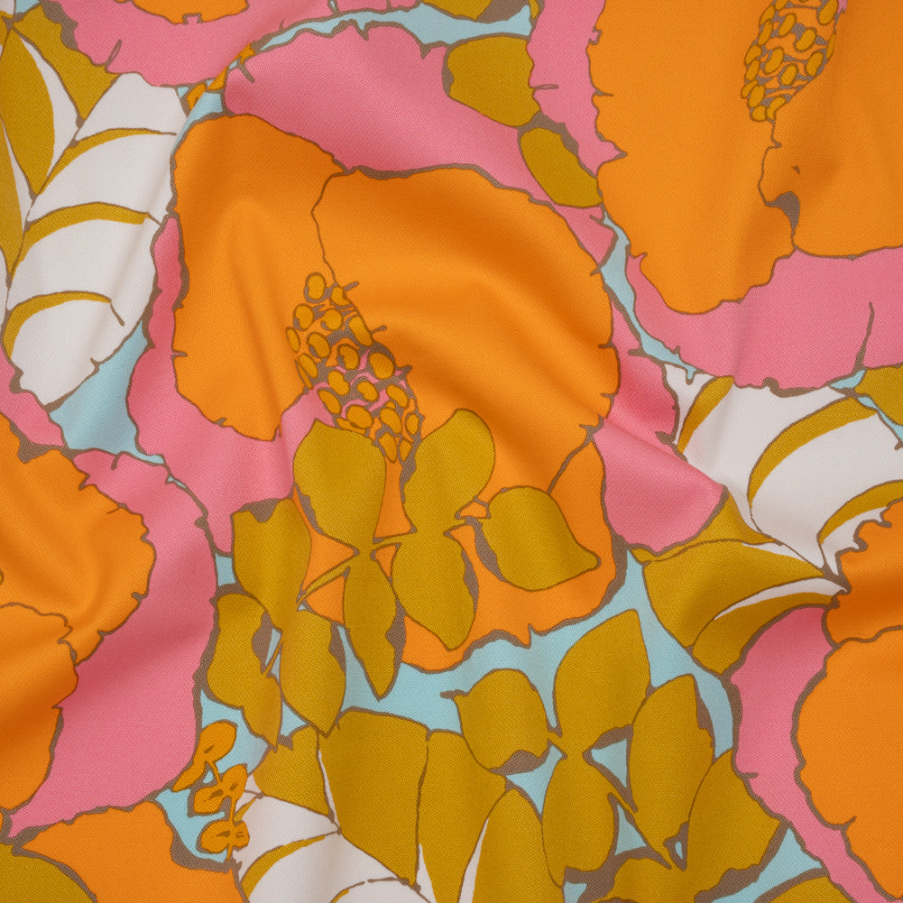 Stretch Cotton Broken Twill Print by Trina Turk - Pink, Orange and Sky Blue Floral - Designer Deadstock Stretch Cotton Broken Twill Print by Trina Turk - Pink, Orange and Sky Blue Floral - Designer Deadstock