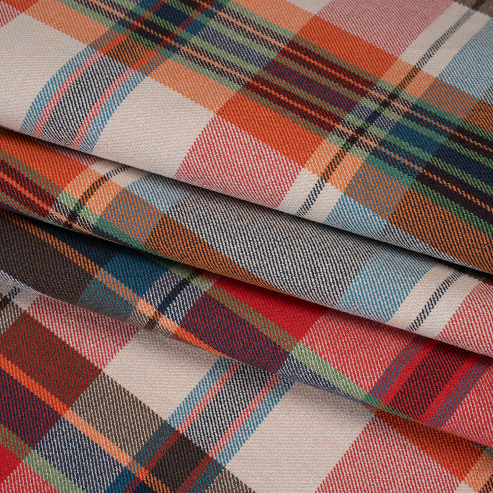 Super Stretchy Cotton Twill by Trina Turk - Red, Blue and Orange Plaid - Designer Deadstock - Folded Super Stretchy Cotton Twill by Trina Turk - Red, Blue and Orange Plaid - Designer Deadstock - Folded