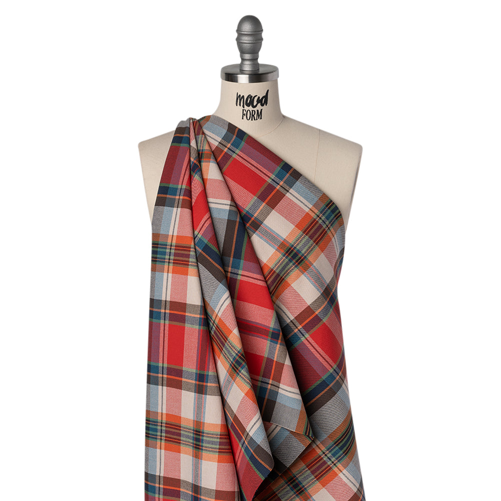 Super Stretchy Cotton Twill by Trina Turk - Red, Blue and Orange Plaid - Designer Deadstock - Drape Super Stretchy Cotton Twill by Trina Turk - Red, Blue and Orange Plaid - Designer Deadstock - Drape