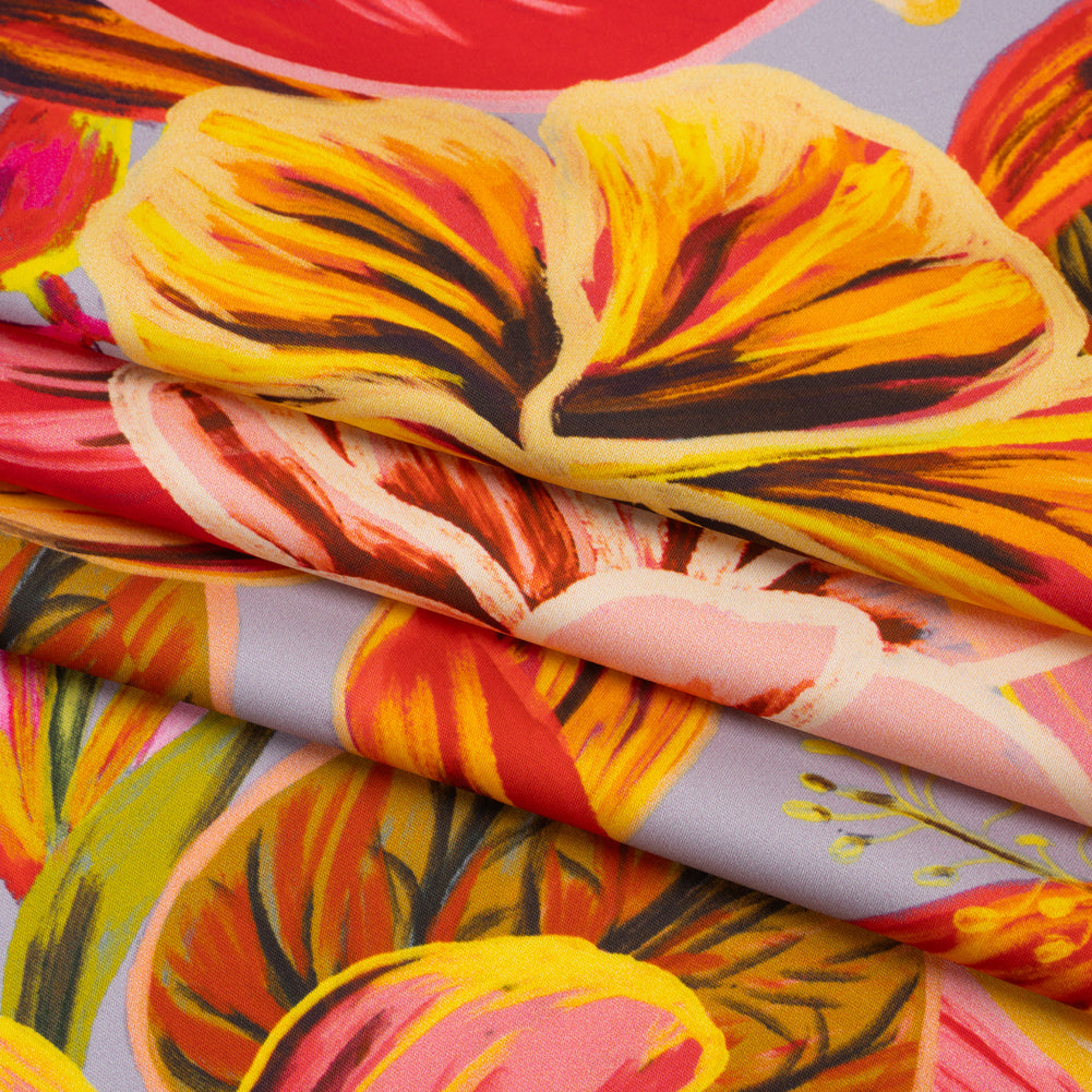 Polyester Satin - Orange, Red and Lemon Yellow Lush Flowers - Mood Exclusive Fireflower Paradise Print Polyester Satin - Orange, Red and Lemon Yellow Lush Flowers - Mood Exclusive Fireflower Paradise Print