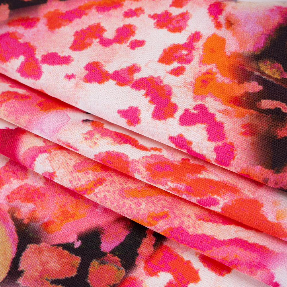 Polyester Satin - Vivid Pink, Orange and Black Abstract Florals and Spots - Mood Exclusive Mirage Botanique Print Polyester Satin - Vivid Pink, Orange and Black Abstract Florals and Spots - Mood Exclusive Mirage Botanique Print