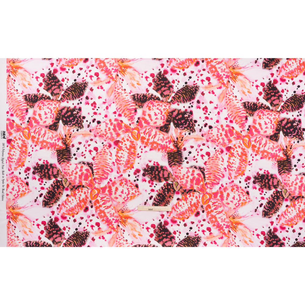 Polyester Satin - Vivid Pink, Orange and Black Abstract Florals and Spots - Mood Exclusive Mirage Botanique Print Polyester Satin - Vivid Pink, Orange and Black Abstract Florals and Spots - Mood Exclusive Mirage Botanique Print