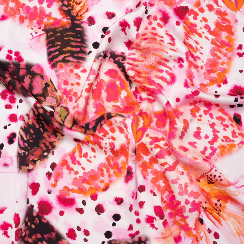 Polyester Satin - Vivid Pink, Orange and Black Abstract Florals and Spots - Mood Exclusive Mirage Botanique Print Polyester Satin - Vivid Pink, Orange and Black Abstract Florals and Spots - Mood Exclusive Mirage Botanique Print