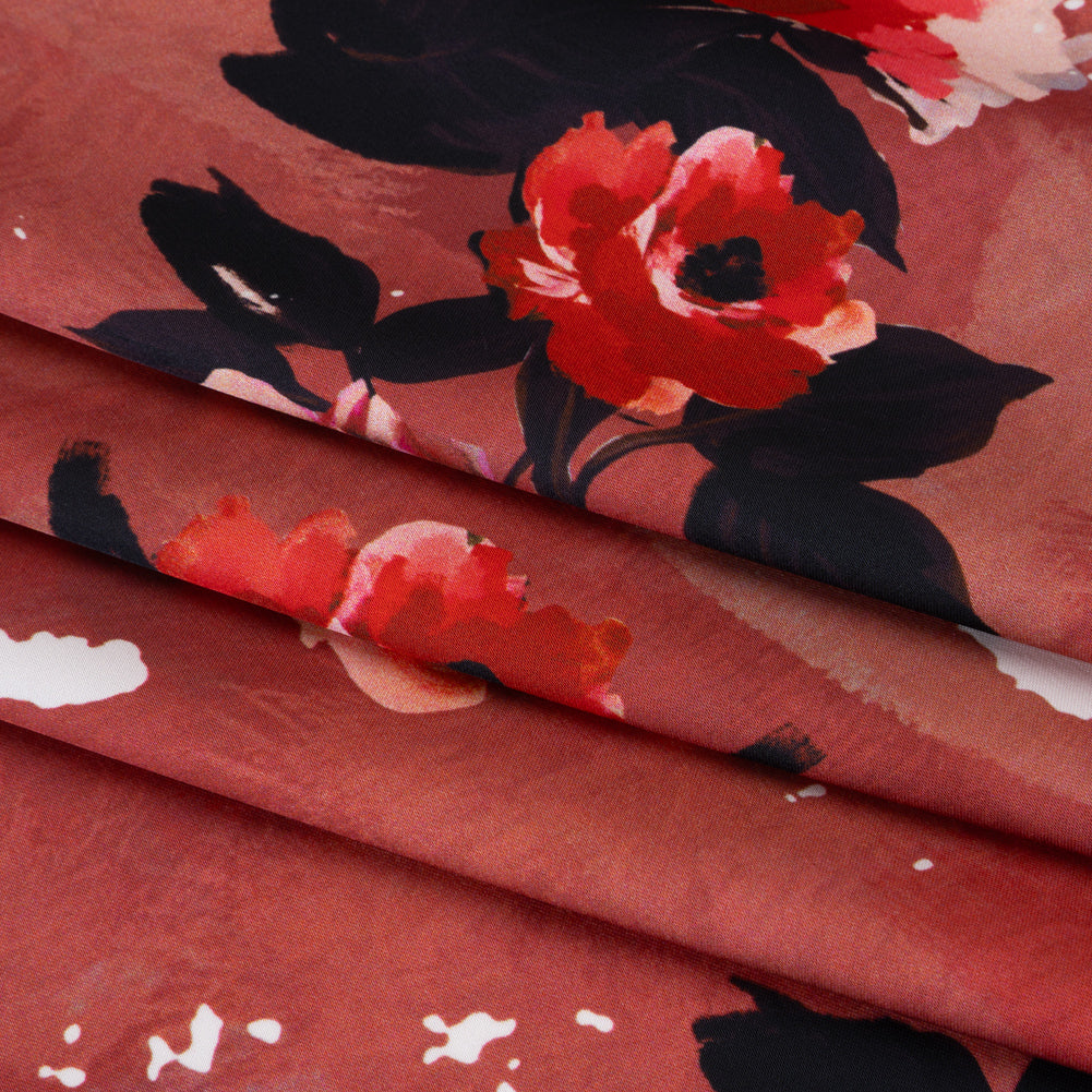 Polyester Satin - Hibiscus, Scarlet Red and Black Roses and Brushstrokes - Mood Exclusive Feel the Flow Print Polyester Satin - Hibiscus, Scarlet Red and Black Roses and Brushstrokes - Mood Exclusive Feel the Flow Print