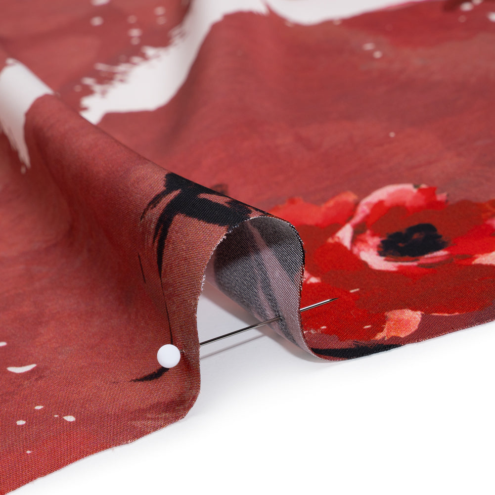 Polyester Satin - Hibiscus, Scarlet Red and Black Roses and Brushstrokes - Mood Exclusive Feel the Flow Print Polyester Satin - Hibiscus, Scarlet Red and Black Roses and Brushstrokes - Mood Exclusive Feel the Flow Print