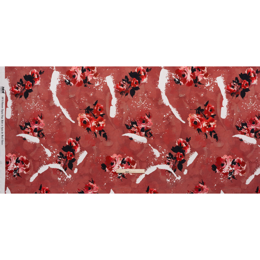 Polyester Satin - Hibiscus, Scarlet Red and Black Roses and Brushstrokes - Mood Exclusive Feel the Flow Print Polyester Satin - Hibiscus, Scarlet Red and Black Roses and Brushstrokes - Mood Exclusive Feel the Flow Print