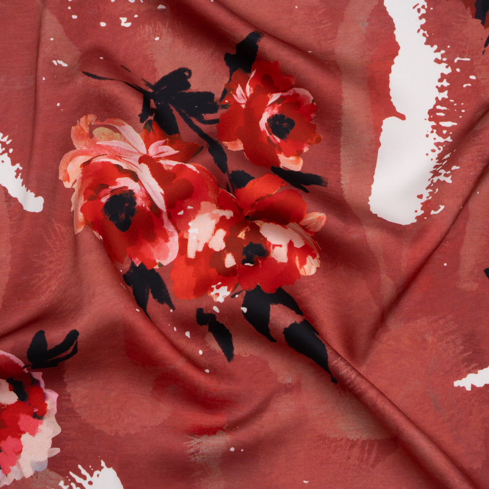 Polyester Satin - Hibiscus, Scarlet Red and Black Roses and Brushstrokes - Mood Exclusive Feel the Flow Print Polyester Satin - Hibiscus, Scarlet Red and Black Roses and Brushstrokes - Mood Exclusive Feel the Flow Print