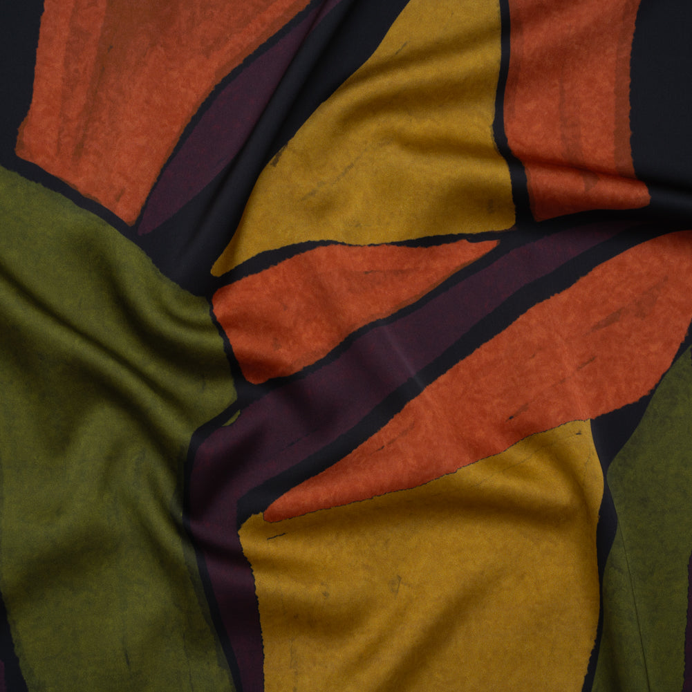 Polyester Satin - Olive Green, Aubergine and Mustard Abstract Shapes - Mood Exclusive Terra Mosaic Print Polyester Satin - Olive Green, Aubergine and Mustard Abstract Shapes - Mood Exclusive Terra Mosaic Print