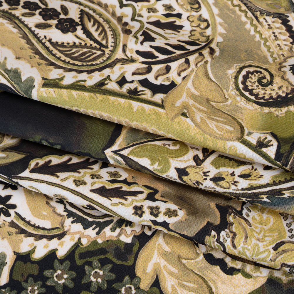 Polyester Satin - Brown, Beige and Olive Green Paisley - Mood Exclusive Drifting Dream Print Polyester Satin - Brown, Beige and Olive Green Paisley - Mood Exclusive Drifting Dream Print