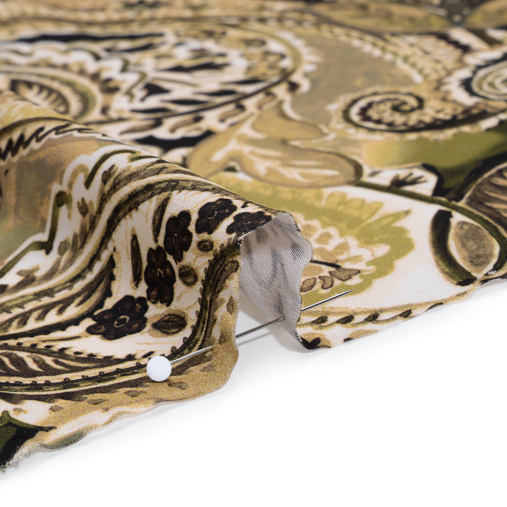 Polyester Satin - Brown, Beige and Olive Green Paisley - Mood Exclusive Drifting Dream Print Polyester Satin - Brown, Beige and Olive Green Paisley - Mood Exclusive Drifting Dream Print