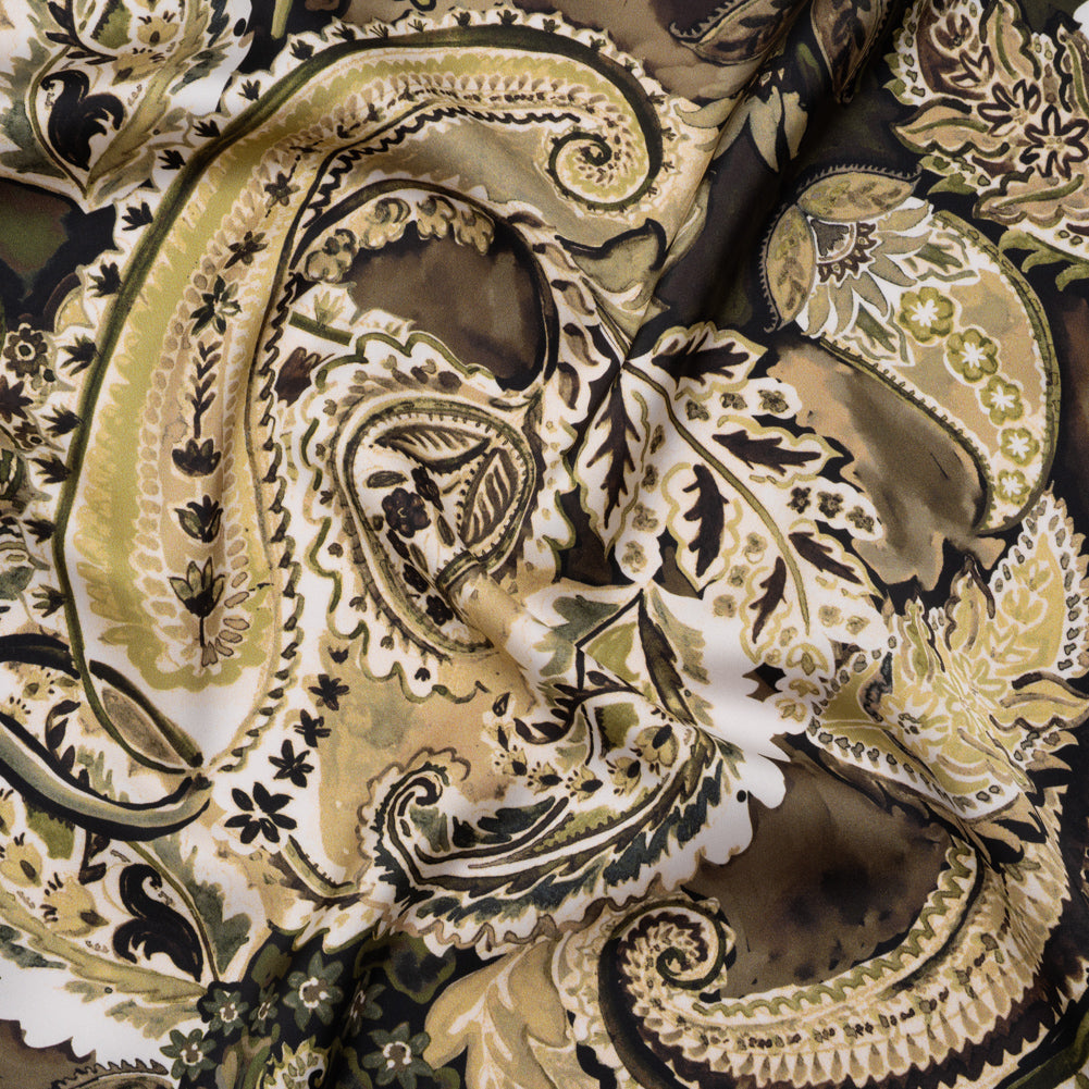 Polyester Satin - Brown, Beige and Olive Green Paisley - Mood Exclusive Drifting Dream Print Polyester Satin - Brown, Beige and Olive Green Paisley - Mood Exclusive Drifting Dream Print