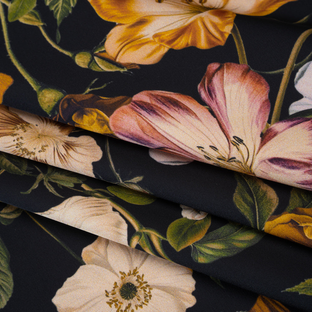 Polyester Satin - Mustard Yellow, Green and Black Floral - Mood Exclusive Garden Tangle Print Polyester Satin - Mustard Yellow, Green and Black Floral - Mood Exclusive Garden Tangle Print
