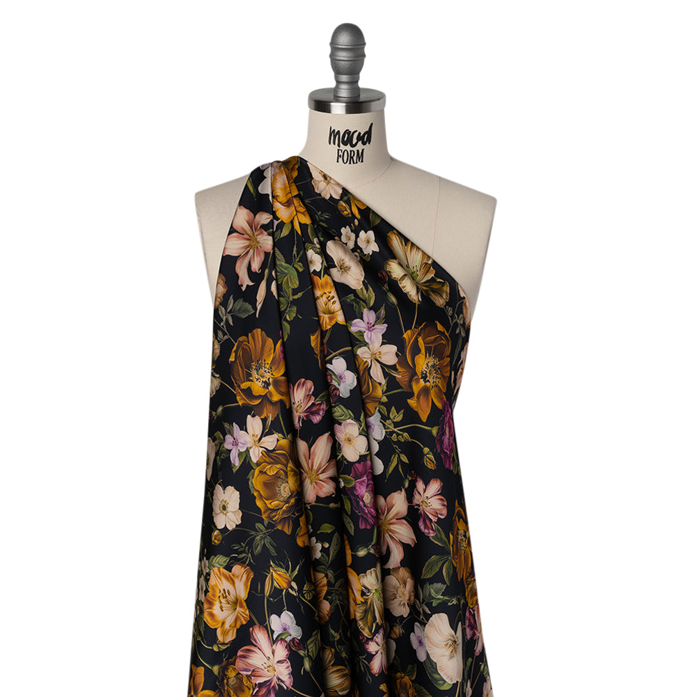 Polyester Satin - Mustard Yellow, Green and Black Floral - Mood Exclusive Garden Tangle Print Polyester Satin - Mustard Yellow, Green and Black Floral - Mood Exclusive Garden Tangle Print
