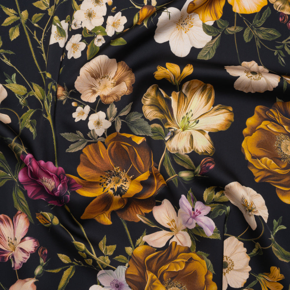 Polyester Satin - Mustard Yellow, Green and Black Floral - Mood Exclusive Garden Tangle Print Polyester Satin - Mustard Yellow, Green and Black Floral - Mood Exclusive Garden Tangle Print