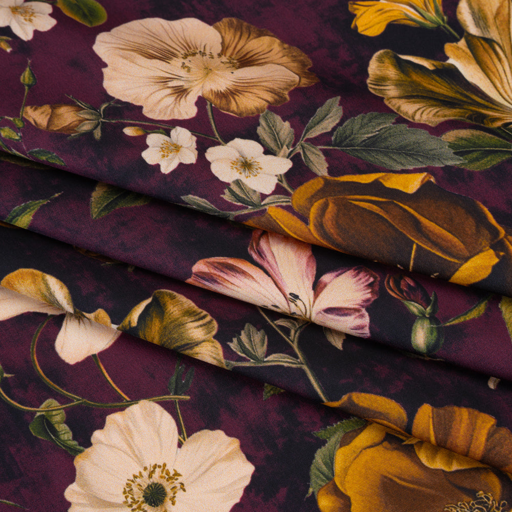 Polyester Satin - Mustard Yellow, Plum Purple and Cream Floral - Mood Exclusive Garden Tangle Print Polyester Satin - Mustard Yellow, Plum Purple and Cream Floral - Mood Exclusive Garden Tangle Print