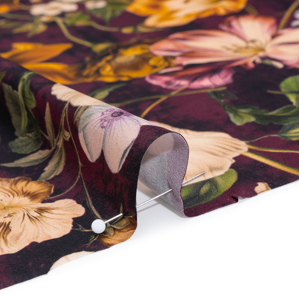 Polyester Satin - Mustard Yellow, Plum Purple and Cream Floral - Mood Exclusive Garden Tangle Print Polyester Satin - Mustard Yellow, Plum Purple and Cream Floral - Mood Exclusive Garden Tangle Print