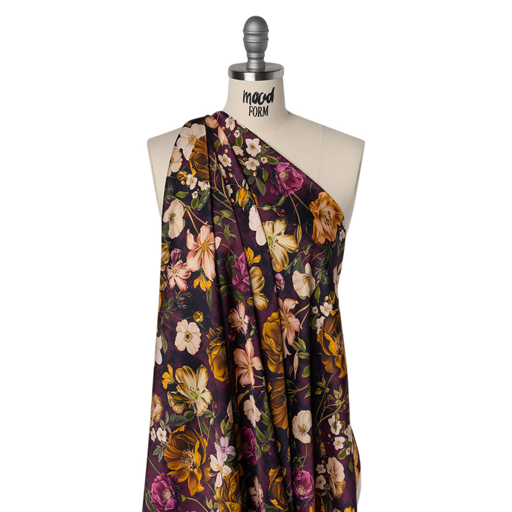 Polyester Satin - Mustard Yellow, Plum Purple and Cream Floral - Mood Exclusive Garden Tangle Print Polyester Satin - Mustard Yellow, Plum Purple and Cream Floral - Mood Exclusive Garden Tangle Print