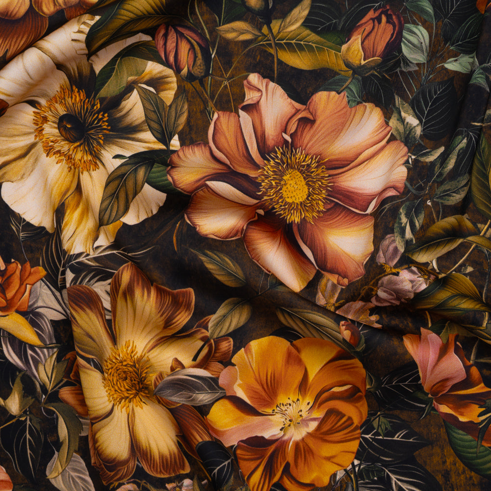 Polyester Satin - Peach, Green and Brown Floral - Mood Exclusive Camouflora Print Polyester Satin - Peach, Green and Brown Floral - Mood Exclusive Camouflora Print