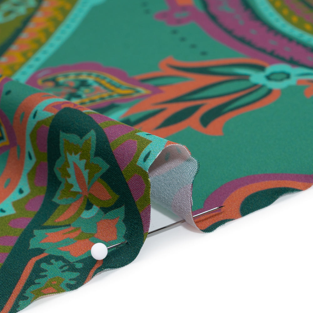 Polyester Satin - Jade Green, Dusty Magenta and Peachy Orange Paisley - Mood Exclusive Swirling Sonata Print Polyester Satin - Jade Green, Dusty Magenta and Peachy Orange Paisley - Mood Exclusive Swirling Sonata Print