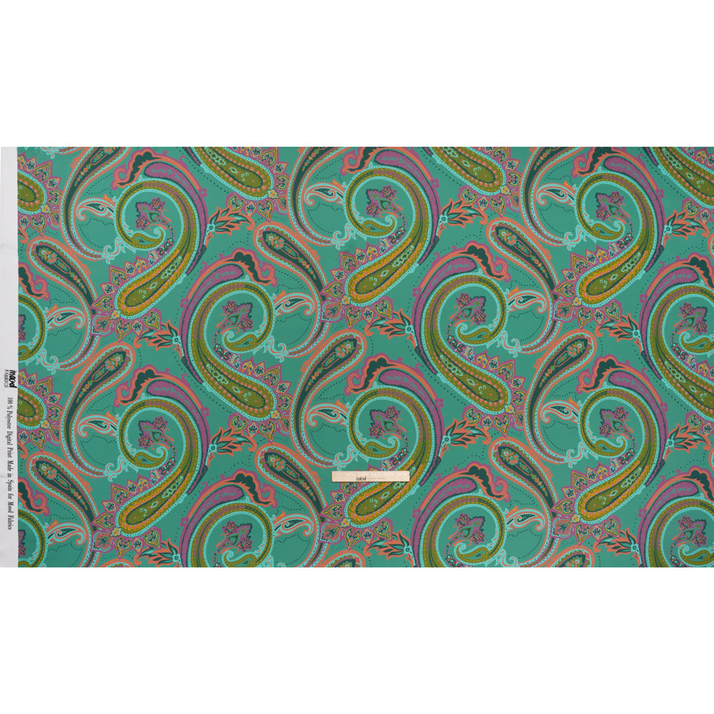Polyester Satin - Jade Green, Dusty Magenta and Peachy Orange Paisley - Mood Exclusive Swirling Sonata Print Polyester Satin - Jade Green, Dusty Magenta and Peachy Orange Paisley - Mood Exclusive Swirling Sonata Print
