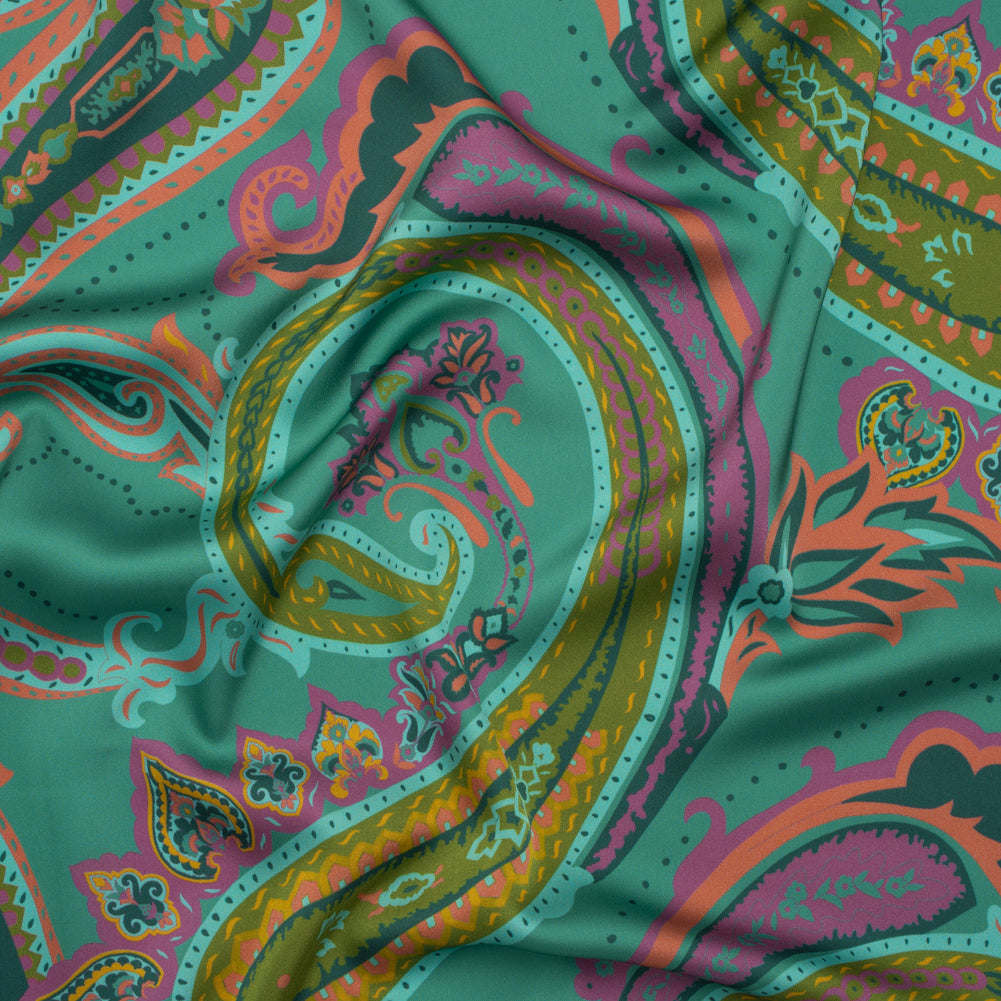 Polyester Satin - Jade Green, Dusty Magenta and Peachy Orange Paisley - Mood Exclusive Swirling Sonata Print Polyester Satin - Jade Green, Dusty Magenta and Peachy Orange Paisley - Mood Exclusive Swirling Sonata Print