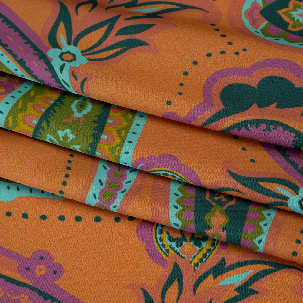 Polyester Satin - Pumpkin Orange, Jade Green and Purple Paisley - Mood Exclusive Swirling Sonata Print Polyester Satin - Pumpkin Orange, Jade Green and Purple Paisley - Mood Exclusive Swirling Sonata Print