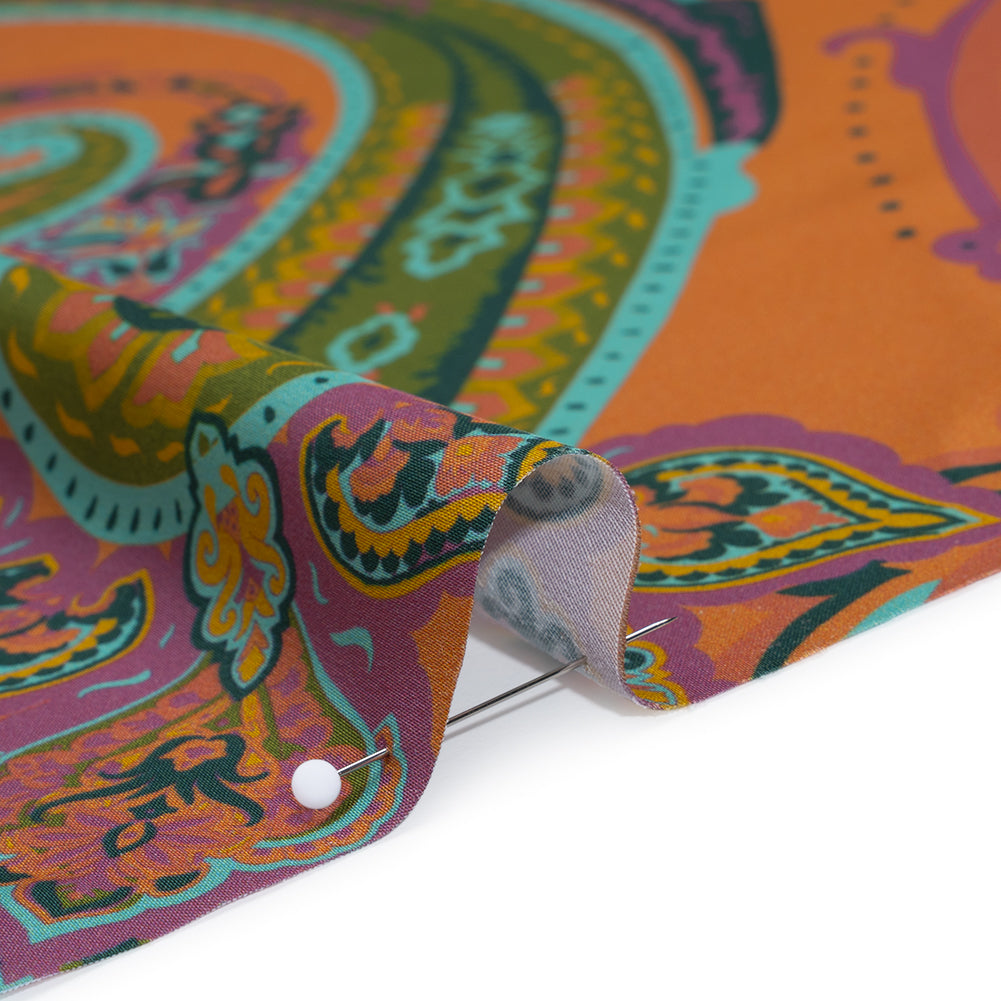 Polyester Satin - Pumpkin Orange, Jade Green and Purple Paisley - Mood Exclusive Swirling Sonata Print Polyester Satin - Pumpkin Orange, Jade Green and Purple Paisley - Mood Exclusive Swirling Sonata Print