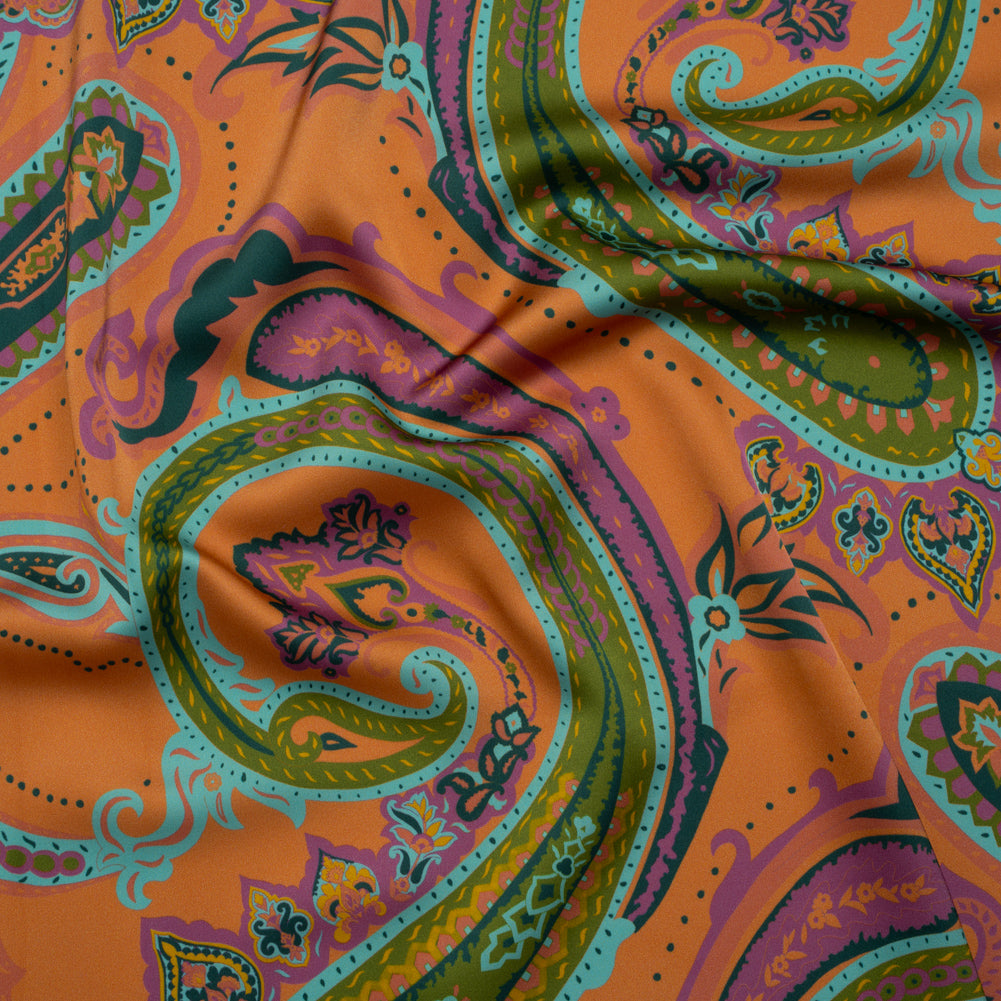 Polyester Satin - Pumpkin Orange, Jade Green and Purple Paisley - Mood Exclusive Swirling Sonata Print Polyester Satin - Pumpkin Orange, Jade Green and Purple Paisley - Mood Exclusive Swirling Sonata Print