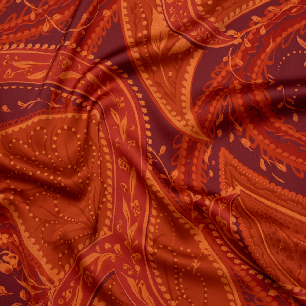 Polyester Satin - Burnt Orange, Dark Red and Peach Paisley Floral - Mood Exclusive Harvest Harmonies Print Polyester Satin - Burnt Orange, Dark Red and Peach Paisley Floral - Mood Exclusive Harvest Harmonies Print