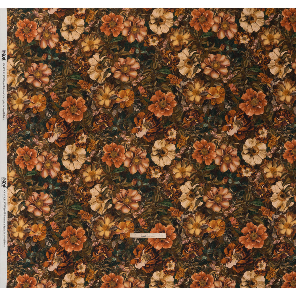 Linen and Rayon Woven - Orange, Dark Green and Brown Lush Floral - Mood Exclusive Camouflora Print - Full Linen and Rayon Woven - Orange, Dark Green and Brown Lush Floral - Mood Exclusive Camouflora Print - Full