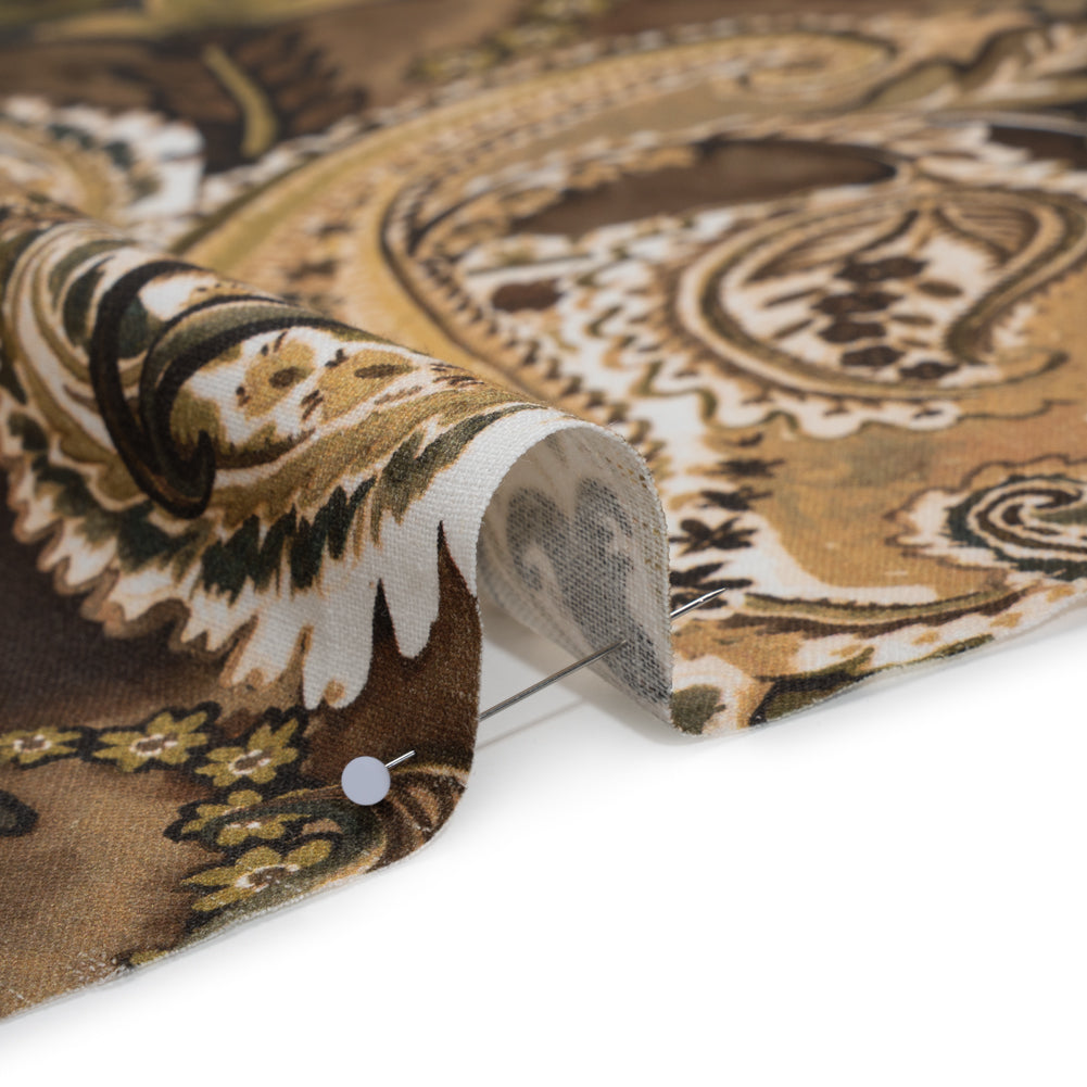 Linen and Rayon Woven - Brown, Beige and Olive Green Paisley - Mood Exclusive Drifting Dream Print - Detail Linen and Rayon Woven - Brown, Beige and Olive Green Paisley - Mood Exclusive Drifting Dream Print - Detail