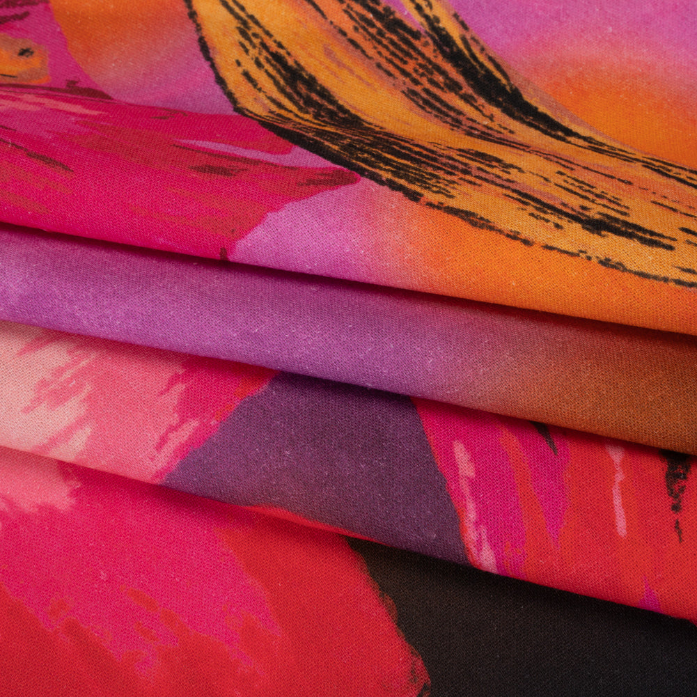 Linen and Rayon Woven - Magenta, Scarlet and Brown Big Painterly Flowers - Mood Exclusive Poppy Panorama Print - Folded Linen and Rayon Woven - Magenta, Scarlet and Brown Big Painterly Flowers - Mood Exclusive Poppy Panorama Print - Folded