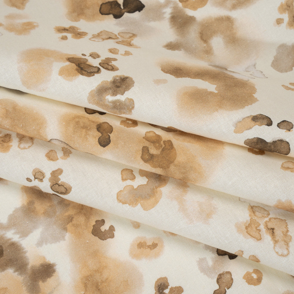 Linen and Rayon Woven - Beige, Brown and Cream Painterly Animal Spots - Mood Exclusive Dappled Desert Print Linen and Rayon Woven - Beige, Brown and Cream Painterly Animal Spots - Mood Exclusive Dappled Desert Print