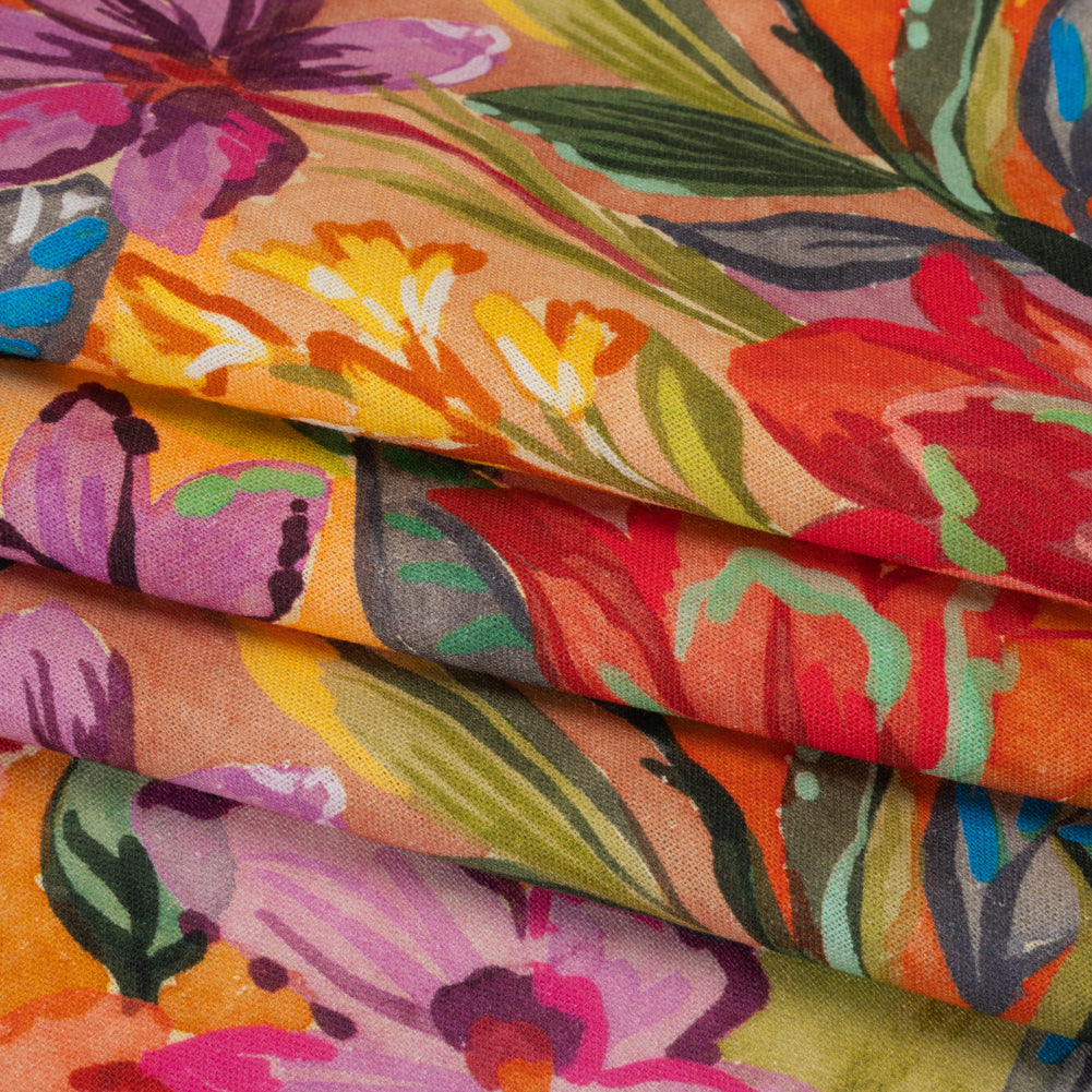 Linen and Rayon Woven - Purple, Orange and Green Painterly Flower Jungle - Mood Exclusive Jungle Jubilee Print Folded Linen and Rayon Woven - Purple, Orange and Green Painterly Flower Jungle - Mood Exclusive Jungle Jubilee Print Folded