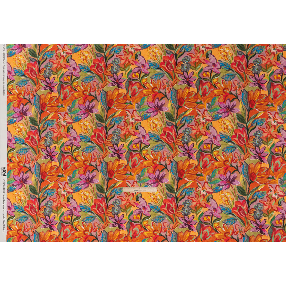 Linen and Rayon Woven - Purple, Orange and Green Painterly Flower Jungle - Mood Exclusive Jungle Jubilee Print - Full Linen and Rayon Woven - Purple, Orange and Green Painterly Flower Jungle - Mood Exclusive Jungle Jubilee Print - Full