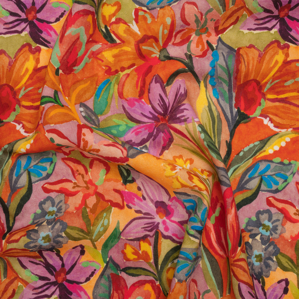 Linen and Rayon Woven - Purple, Orange and Green Painterly Flower Jungle - Mood Exclusive Jungle Jubilee Print Linen and Rayon Woven - Purple, Orange and Green Painterly Flower Jungle - Mood Exclusive Jungle Jubilee Print