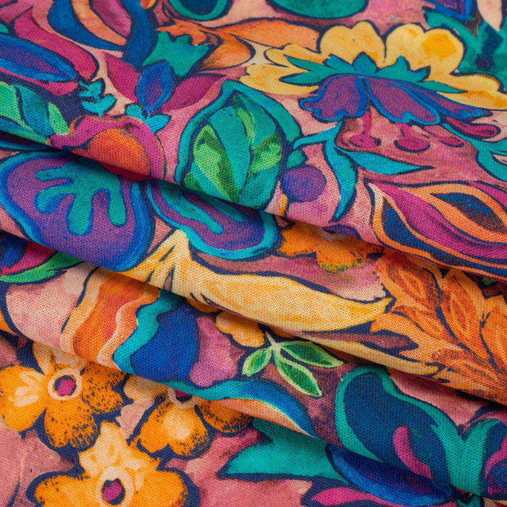 Linen and Rayon Woven - Hot Pink, Orange and Ultramarine Blue Bold Flowers - Mood Exclusive Electric Eden Print - Folded Linen and Rayon Woven - Hot Pink, Orange and Ultramarine Blue Bold Flowers - Mood Exclusive Electric Eden Print - Folded